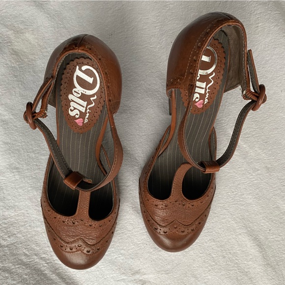 Nina Dolls Brown Leather T-Strap Heeled Shoes - Picture 2 of 7